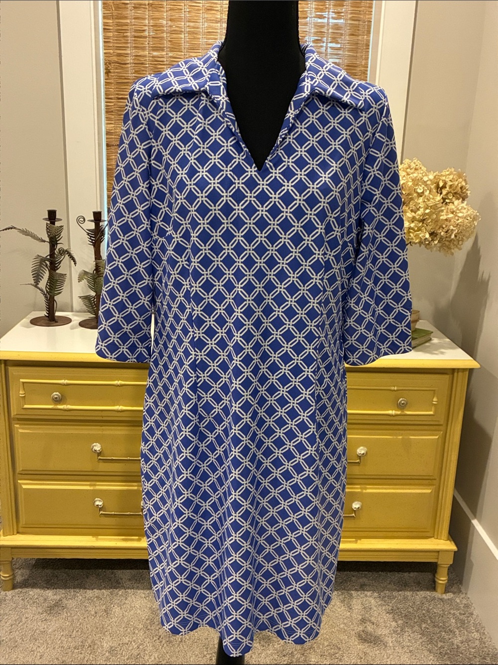 Jude Connally Blue and White Geometric pattern Dress